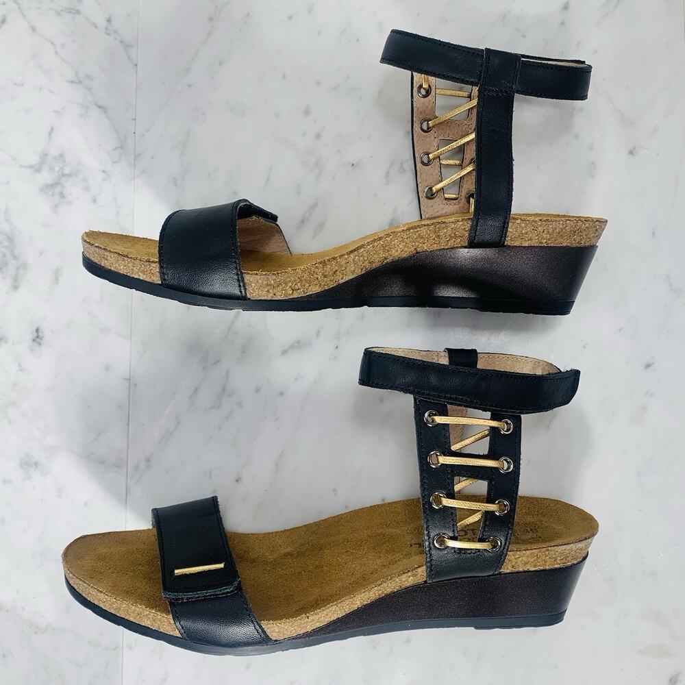 NAOT Wizard 2" Wedge Sandal Women 40 US 9 Black Raven Leather Strappy NWOB - Picture 2 of 10